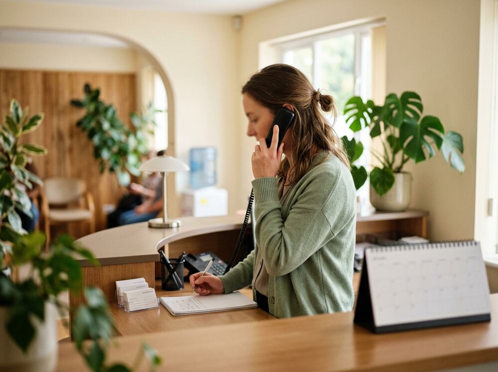 A clinic receptionist in a green cardigan taking a call at a reception counter