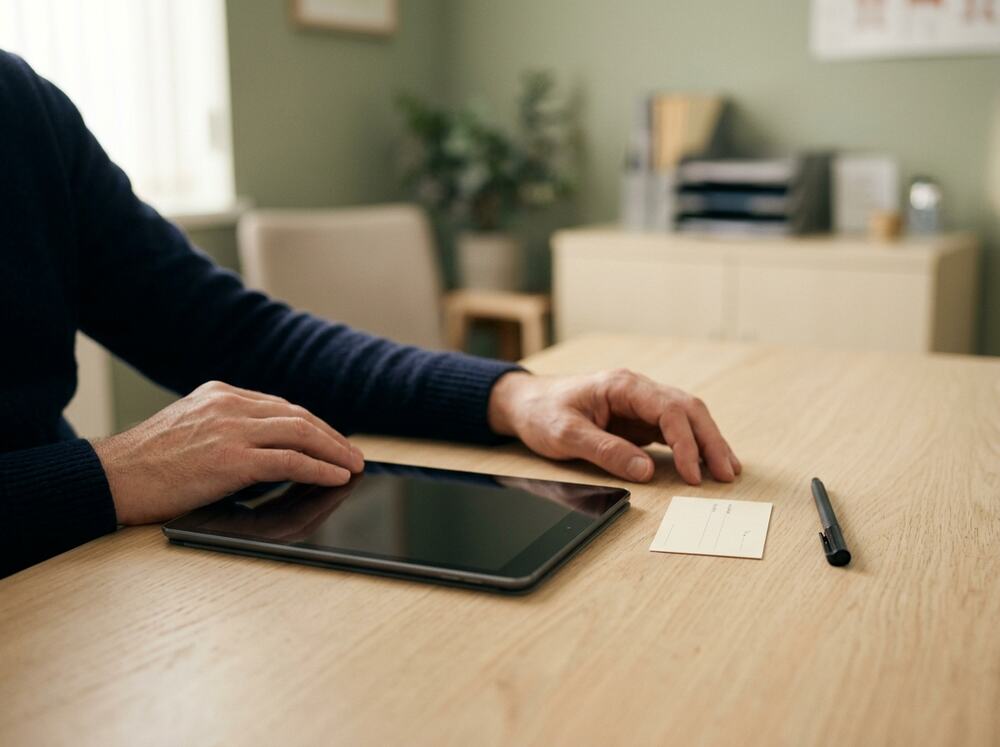 A closed tablet and an appointment card on a pale wood desk in a clinic