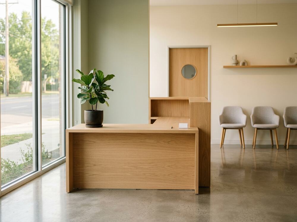 A quiet clinic reception counter in soft morning light, with a potted plant and no people