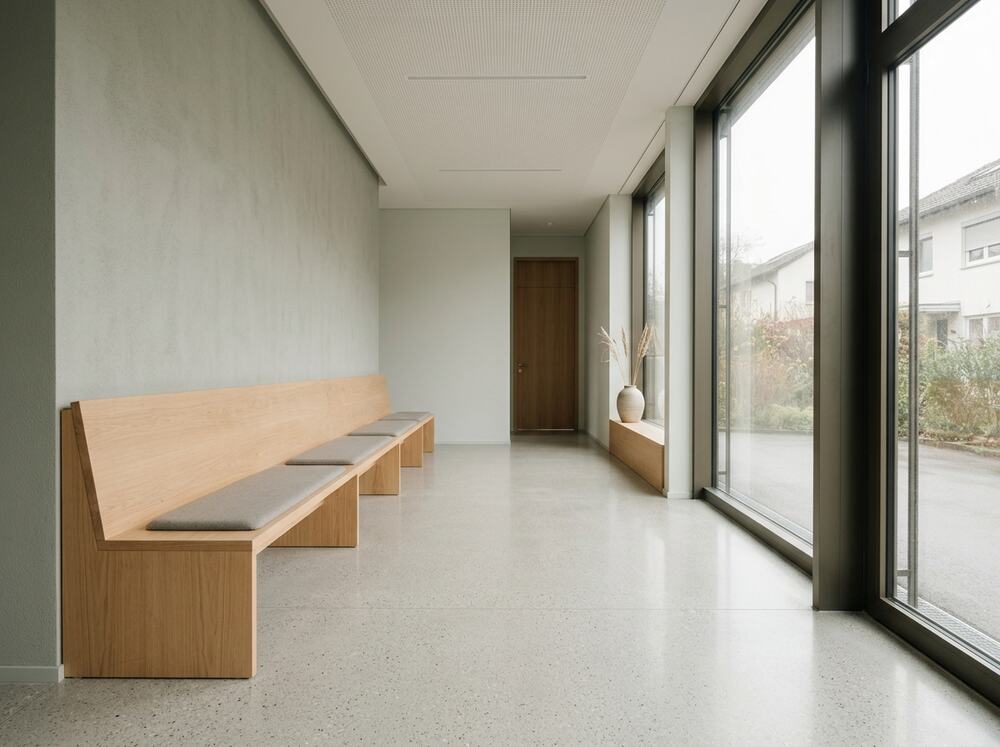 An empty clinic waiting area with pale wood seating and daylight from a tall window